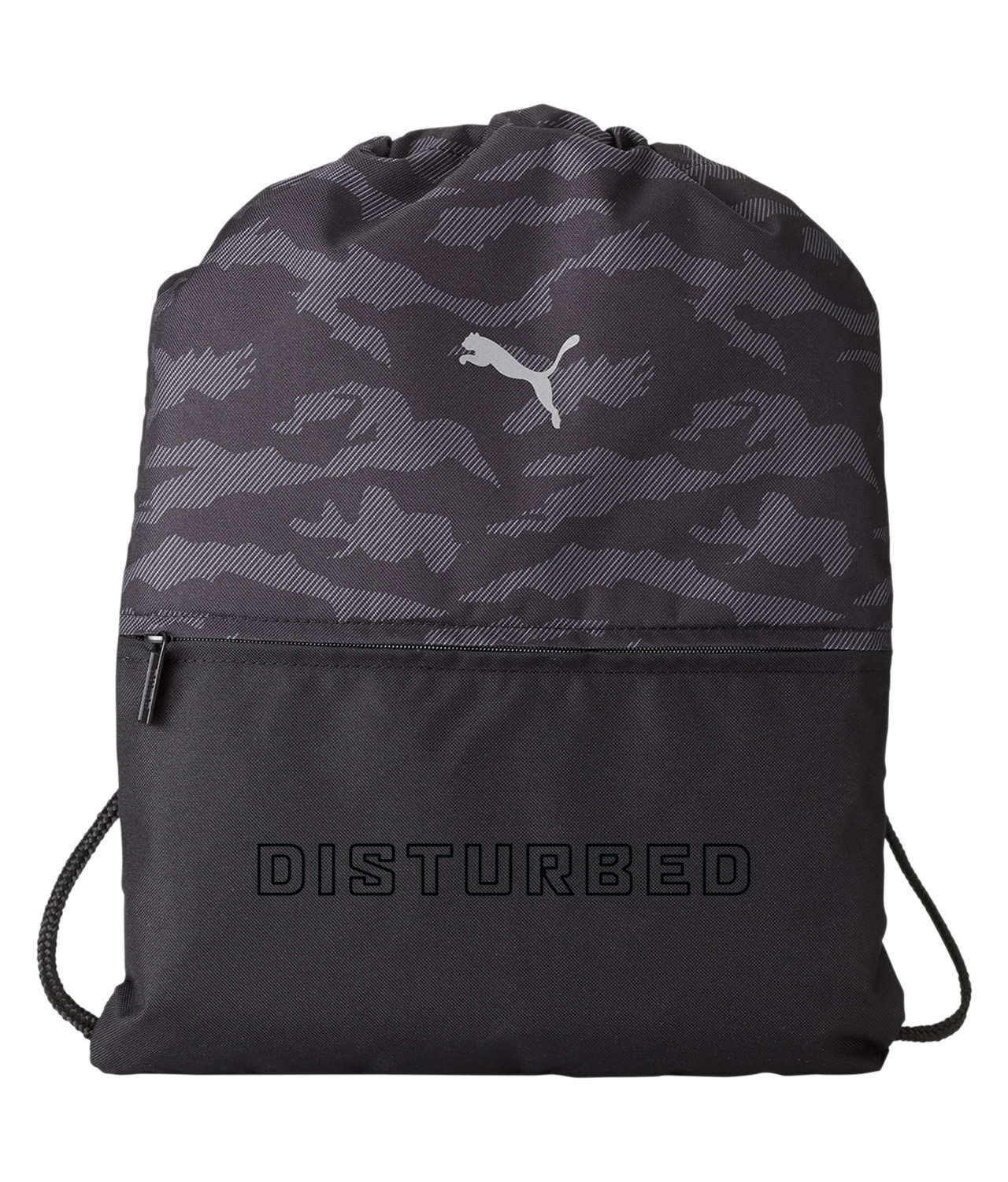 Disturbed 2018 Music Logo Symbol Emblem Customized Design on Camo Drawstring Backpack Bag