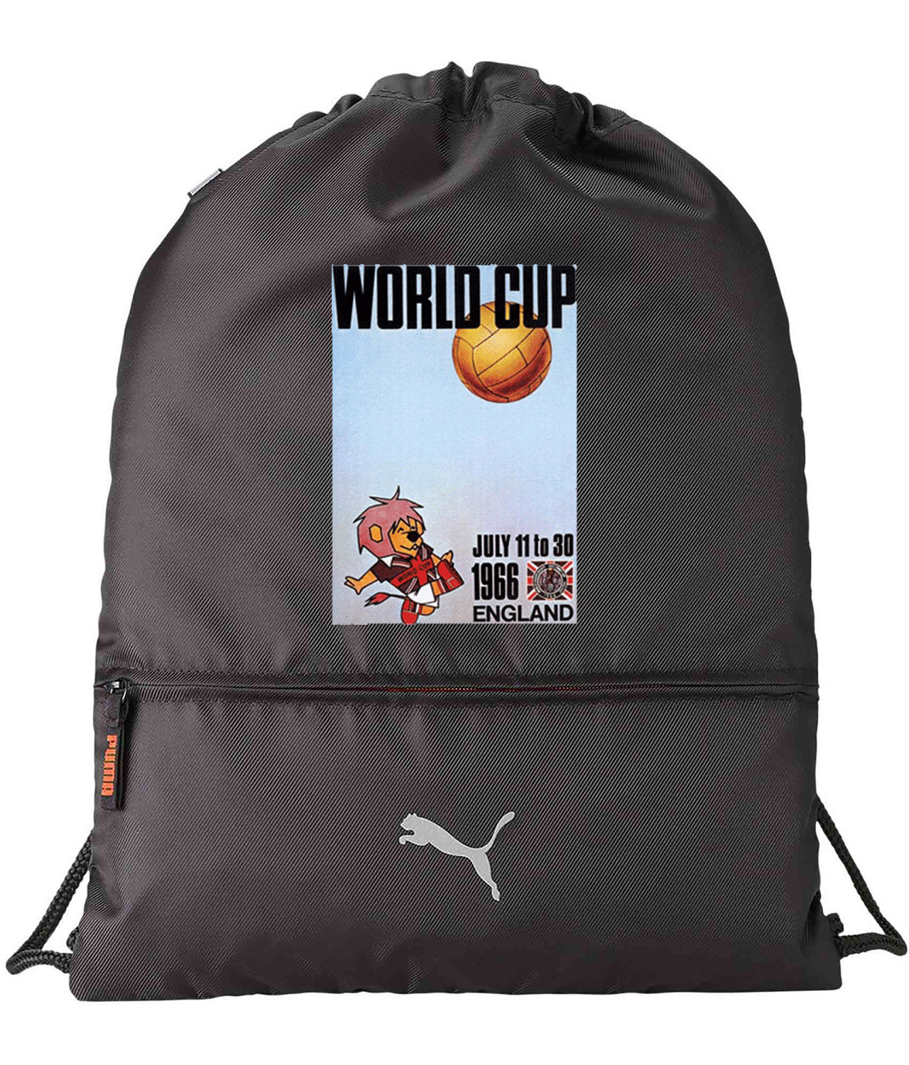 1966 FIFA World Cup England Willie Soccer Logo Symbol Emblem Customized Design on Lightweight Drawstring Backpack Bag