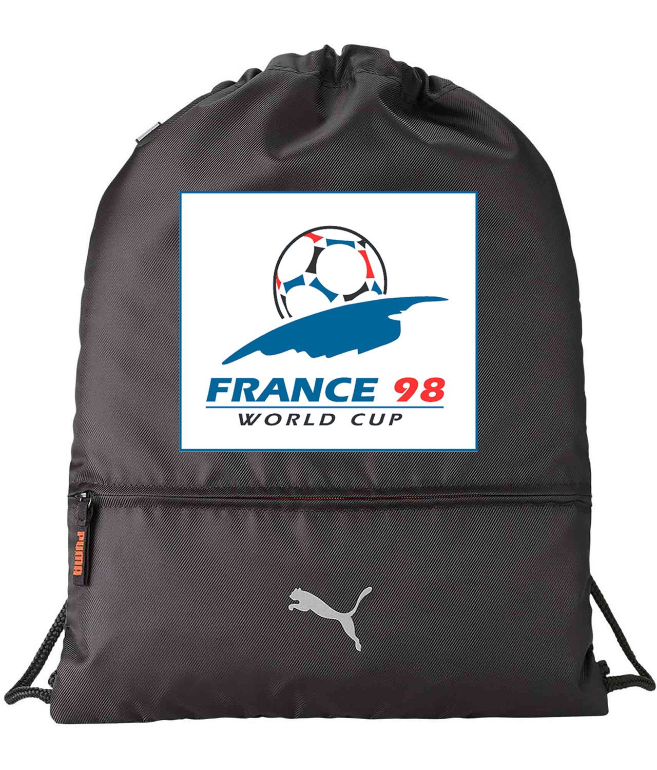 1998 FIFA World Cup France Soccer Logo Symbol Emblem Customized Design on Lightweight Drawstring Backpack Bag