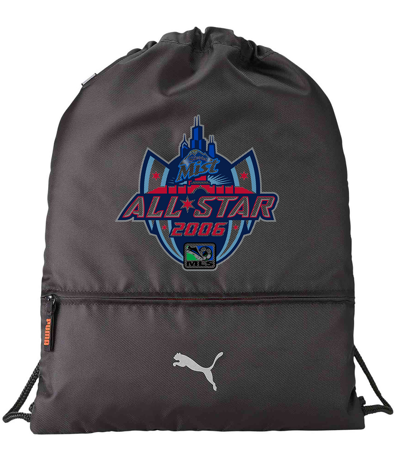 Major League Soccer MLS All-Star Game 2006 Emblem Logo Symbol Emblem Customized Design on Lightweight Drawstring Backpack Bag
