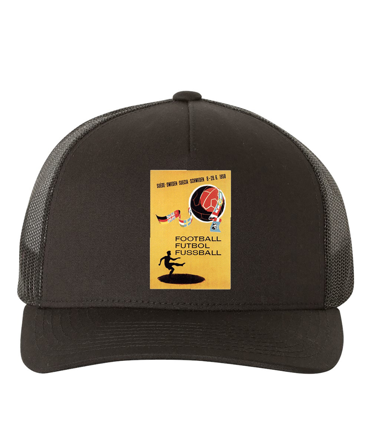 1958 FIFA World Cup Sweden Soccer Logo Symbol Emblem Customized Design on Retro Trucker Cap Hat