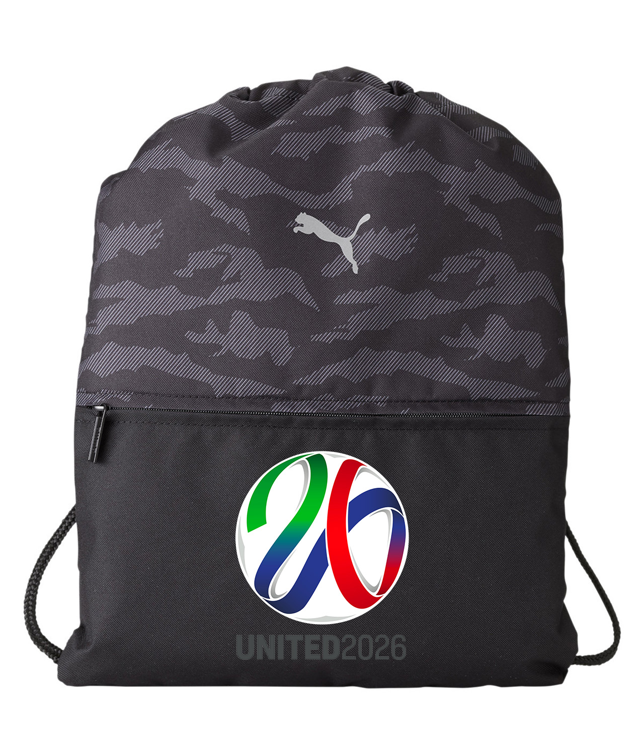 2026 FIFA World Cup Canada-Mexico-USA Soccer Logo Symbol Emblem Customized Design on Camo Drawstring Backpack Bag