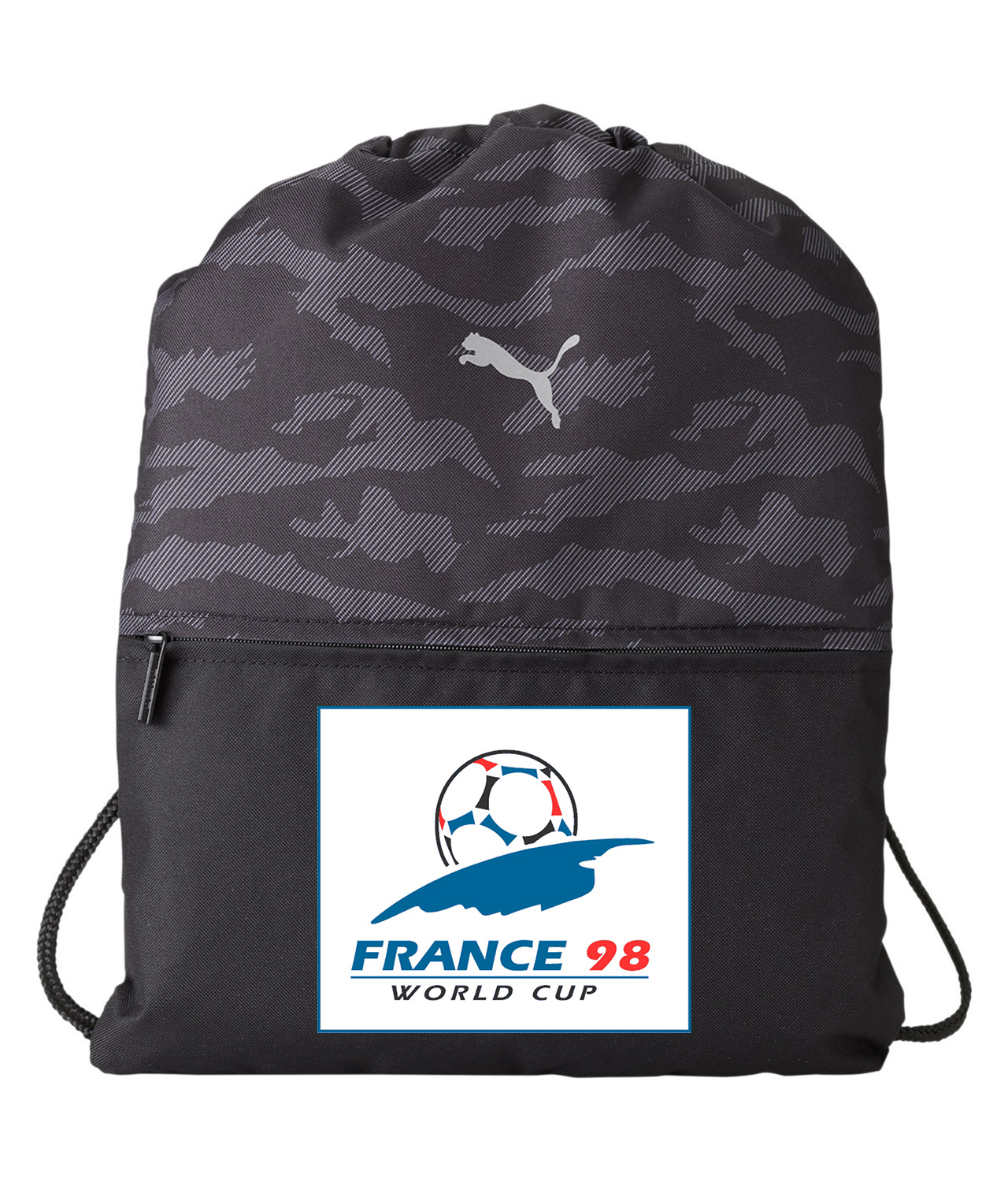1998 FIFA World Cup France Soccer Logo Symbol Emblem Customized Design on Camo Drawstring Backpack Bag
