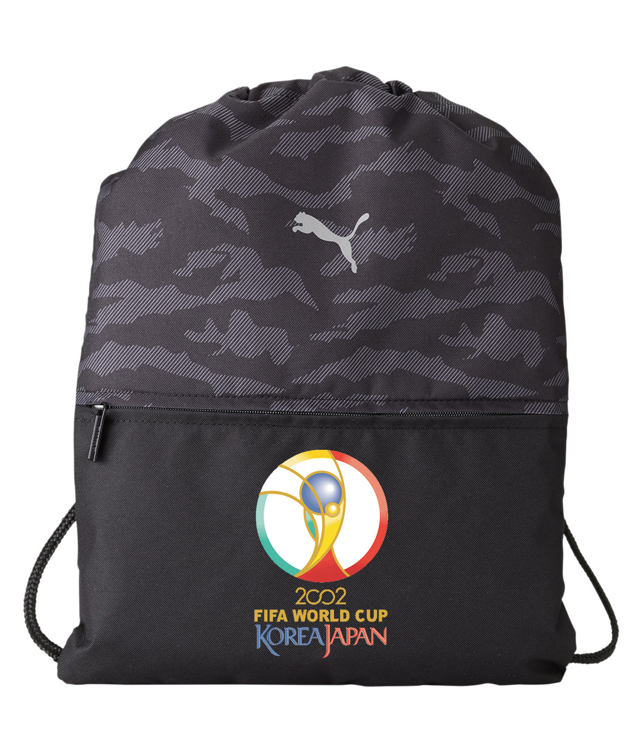 2002 FIFA World Cup Korea Japan Soccer Logo Symbol Emblem Customized Design on Camo Drawstring Backpack Bag
