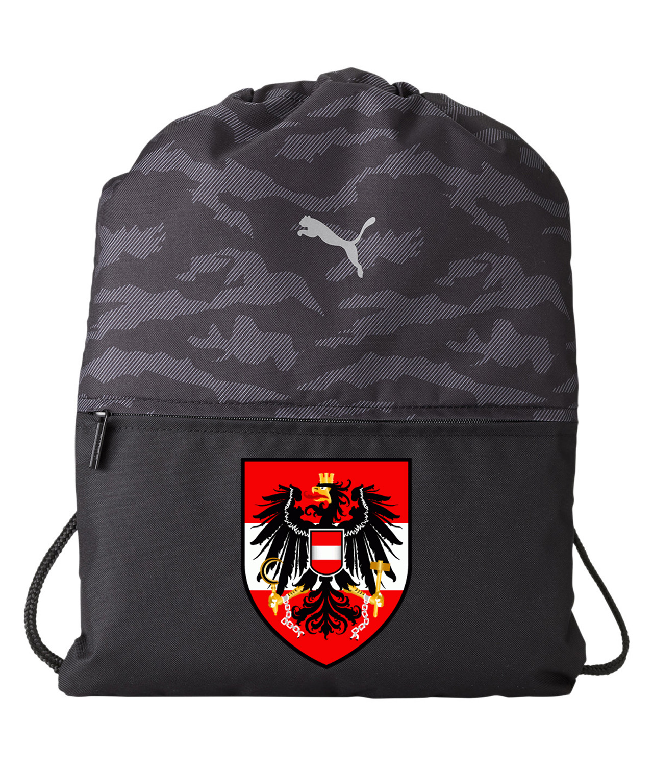 UEFA Austria 1964 Soccer Logo Symbol Emblem Customized Design on Camo Drawstring Backpack Bag