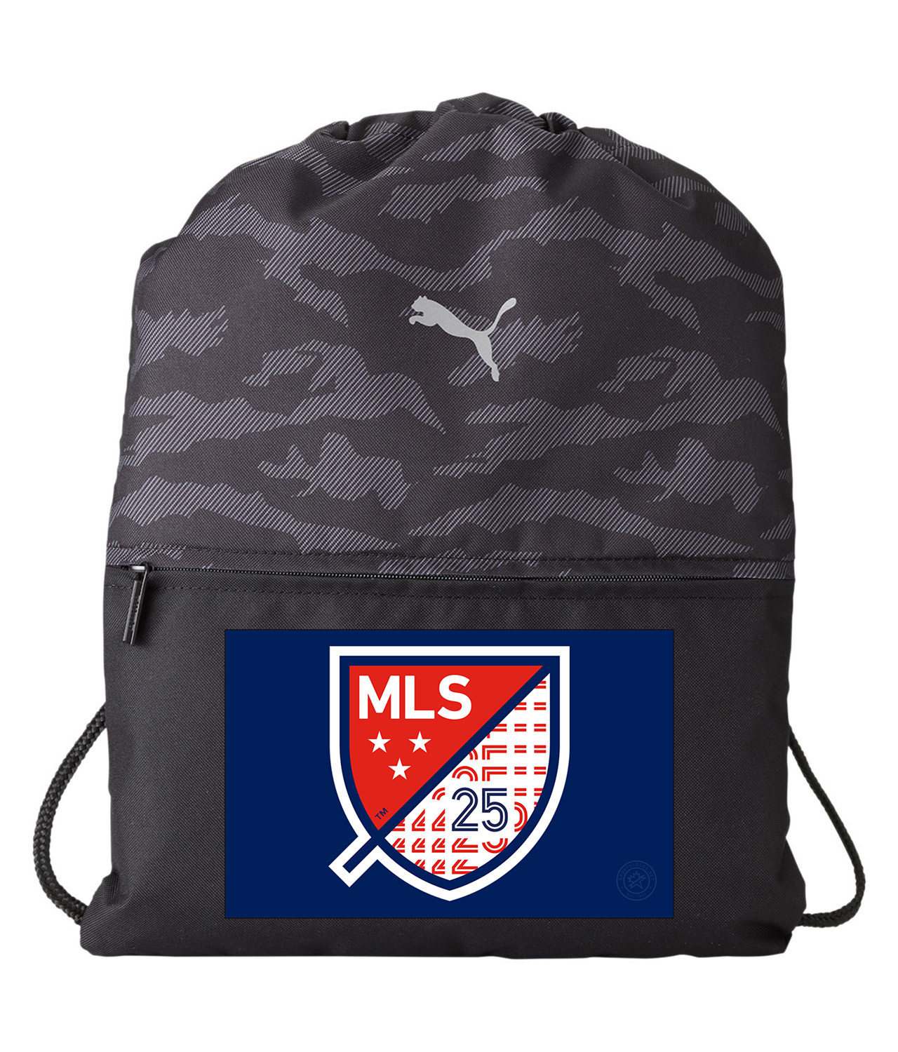 The Major League Soccer 25th Season Logo Symbol Emblem Customized Design on Camo Drawstring Backpack Bag