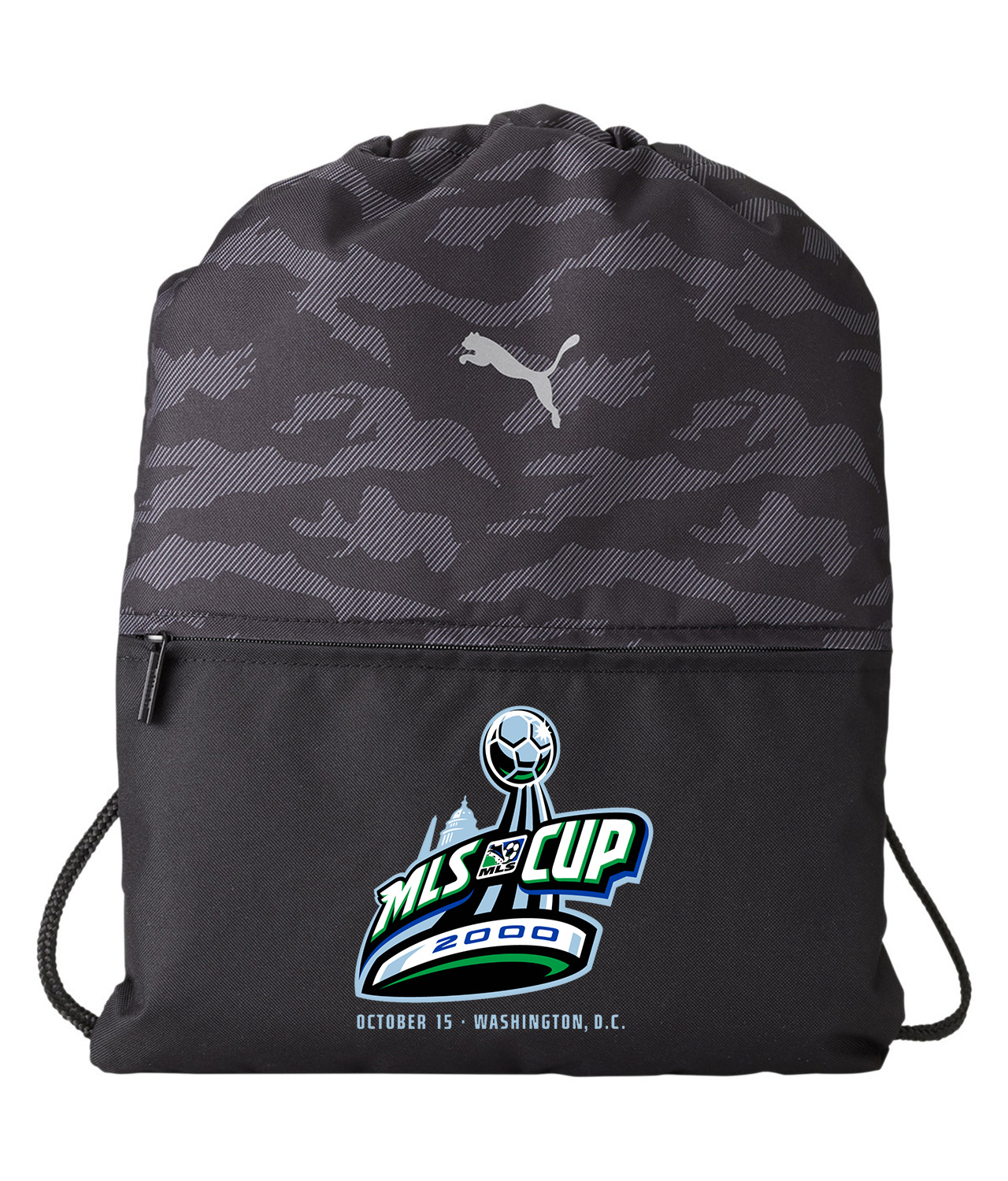 Major League Soccer MLS Cup 2000 Logo Symbol Emblem Customized Design on Camo Drawstring Backpack Bag