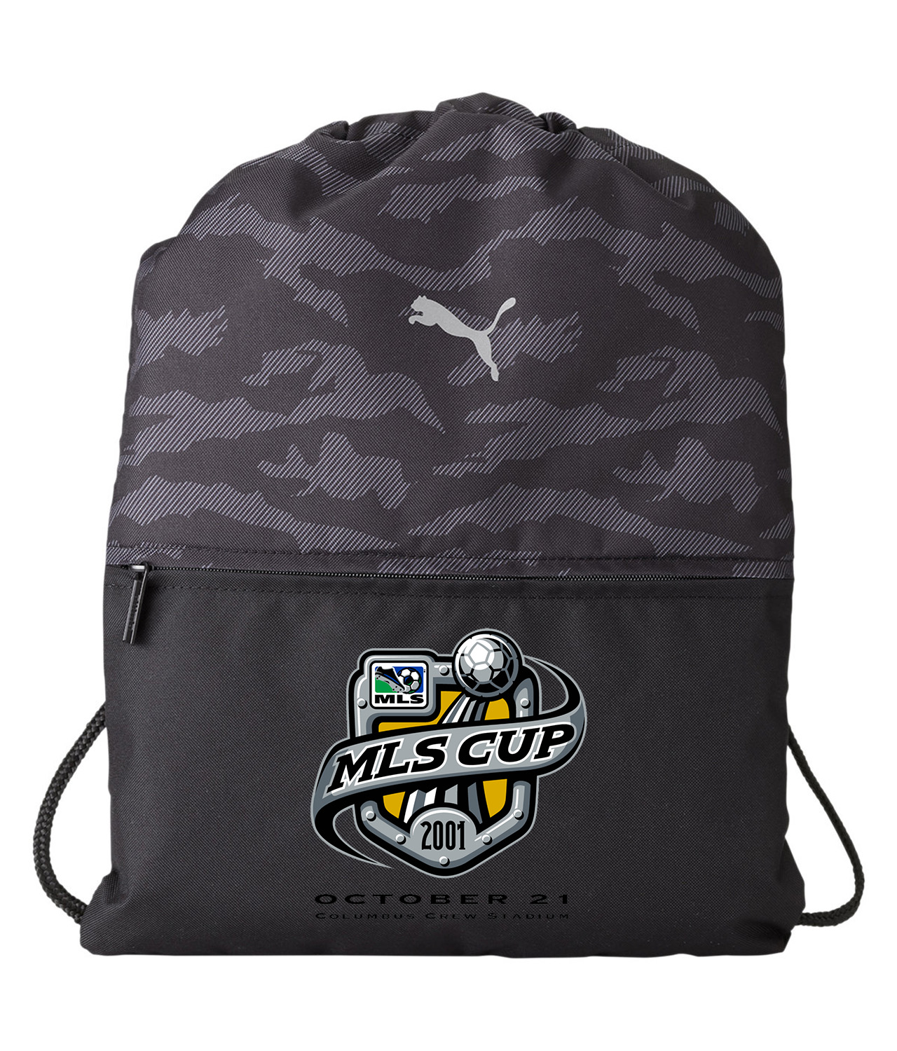 Major League Soccer MLS Cup 2001 Logo Symbol Emblem Customized Design on Camo Drawstring Backpack Bag