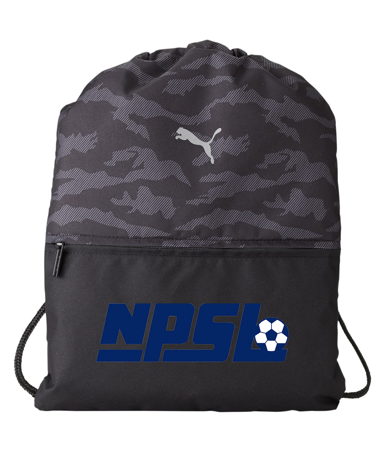 North American Soccer League NPSL Logo Symbol Emblem Customized Design on Camo Drawstring Backpack Bag