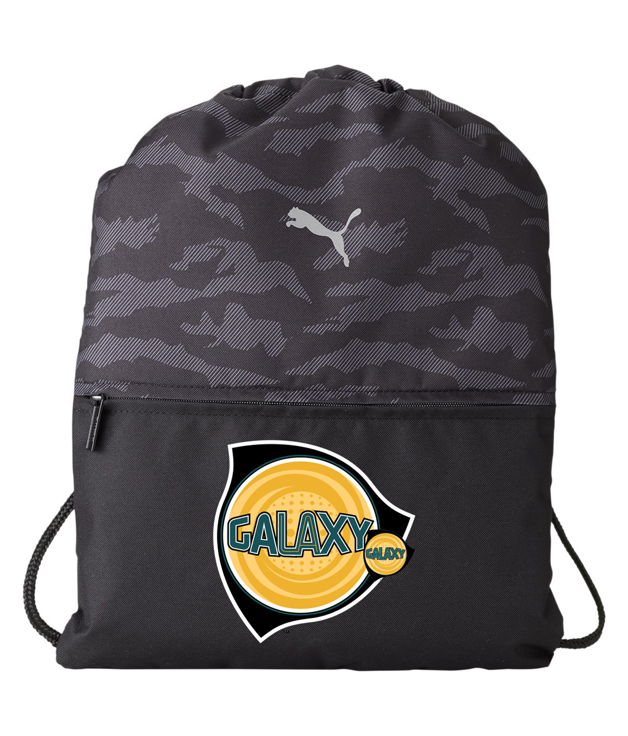 LA Galaxy SC 1996-2002 Soccer Logo Symbol Emblem Customized Design on Camo Drawstring Backpack Bag