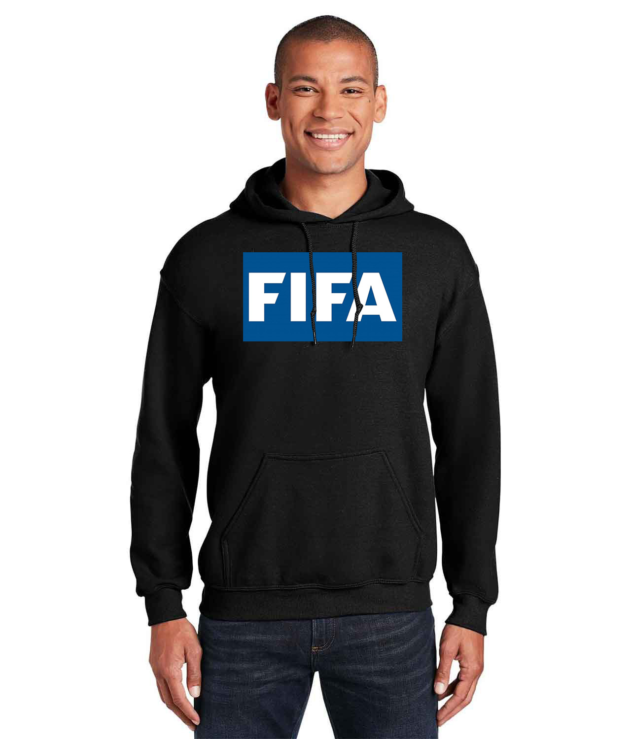 FIFA White Icon Logo Symbol Emblem Customized Soccer Design on Unisex Hooded Sweatshirt