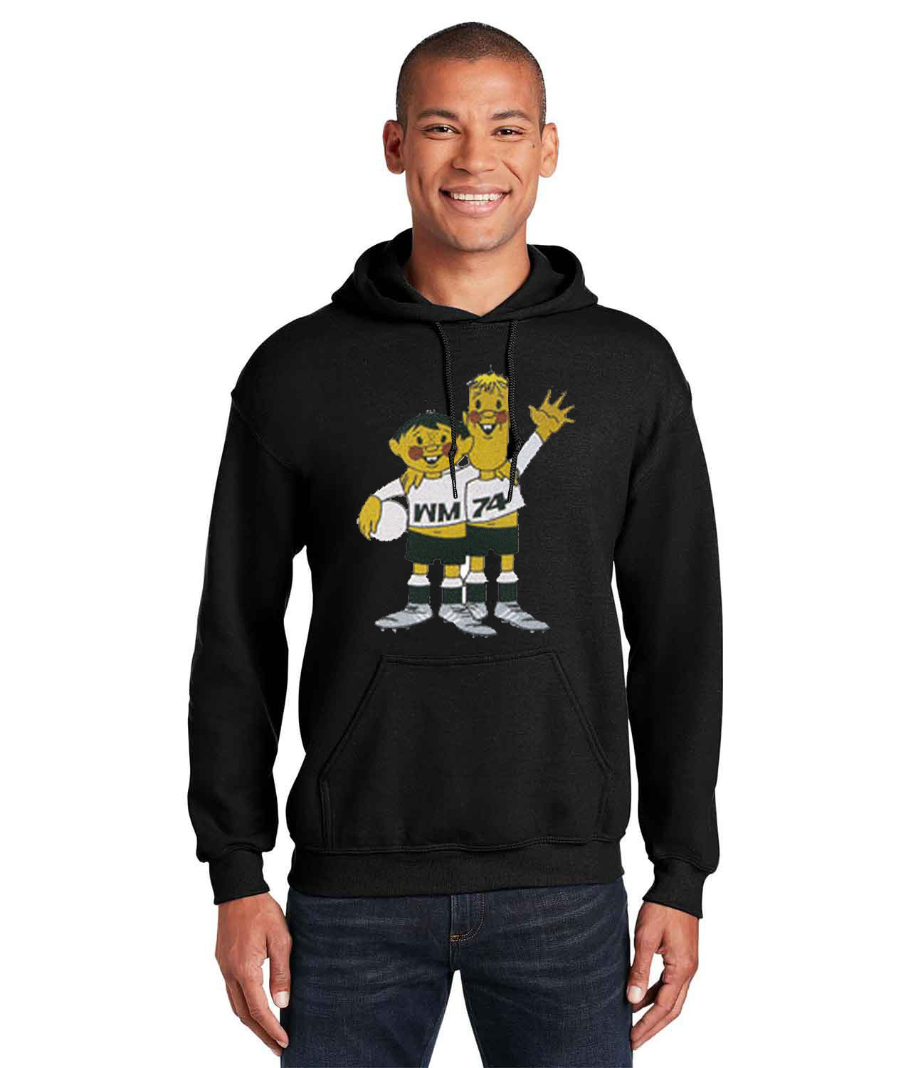 1974 FIFA World Cup West Germany Mascot Tip And Tap Logo Symbol Emblem Customized Soccer Design on Unisex Hooded Sweatshirt