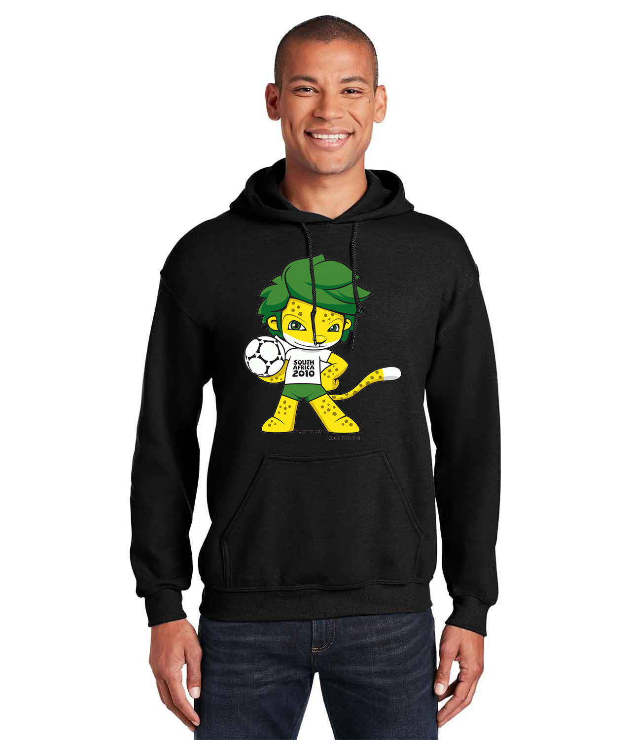 2010 FIFA World Cup South Africa Mascot Zakumi Logo Symbol Emblem Customized Soccer Design on Unisex Hooded Sweatshirt