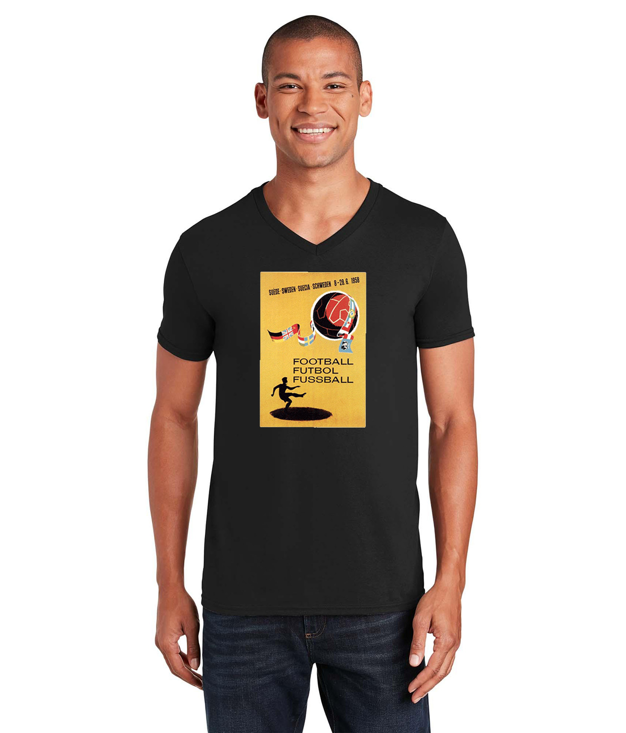 1958 FIFA World Cup Sweden Soccer Logo Symbol Emblem Customized Design on Unisex V-Neck T-Shirt Tee