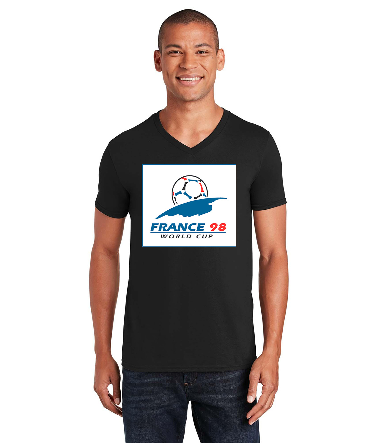 1998 FIFA World Cup France Soccer Logo Symbol Emblem Customized Design on Unisex V-Neck T-Shirt Tee