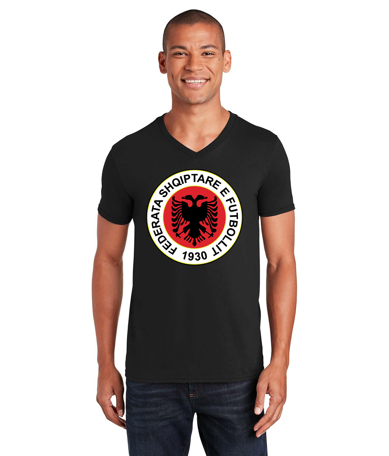 UEFA Albania 2006 Soccer Logo Symbol Emblem Customized Design on Unisex V-Neck T-Shirt Tee