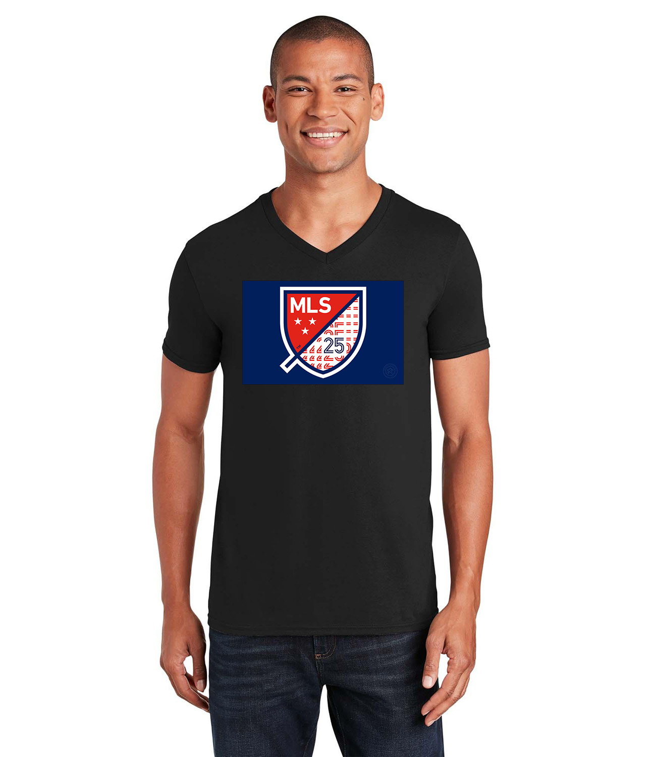The Major League Soccer 25th Season Logo Emblem Customized Design on Unisex V-Neck T-Shirt Tee