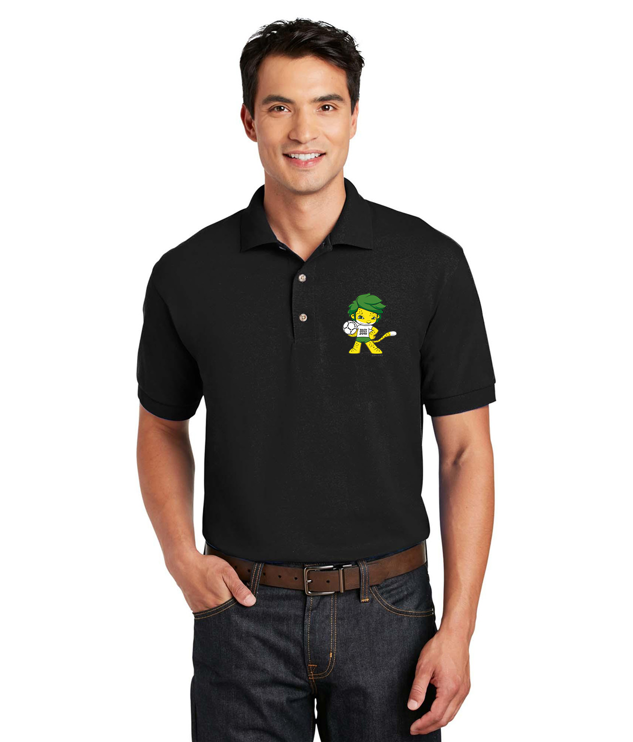 2010 FIFA World Cup South Africa Mascot Zakumi Soccer Logo Symbol Emblem Customized Design on Unisex Sport Knit Jersey Polo T-Shirt