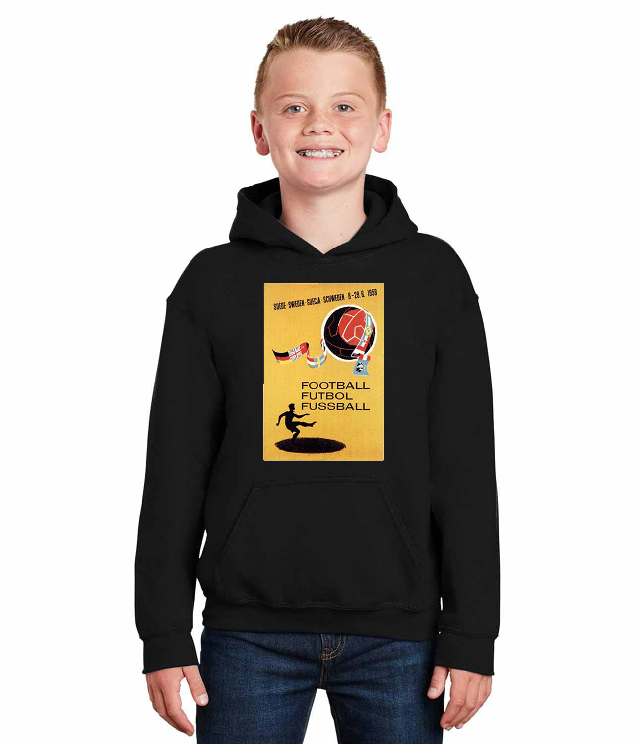 1958 FIFA World Cup Sweden Soccer Logo Symbol Emblem Customized Design on Youth Hoodie