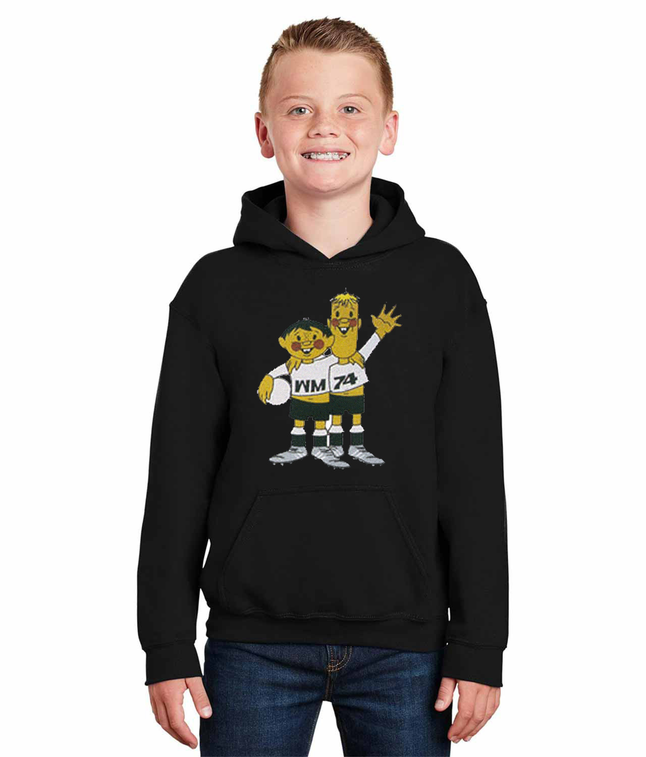 1974 FIFA World Cup West Germany Mascot Tip And Tap Soccer Logo Symbol Emblem Customized Design on Youth Hoodie