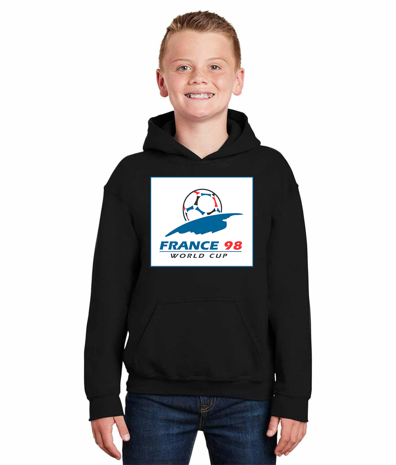 1998 FIFA World Cup France Soccer Logo Symbol Emblem Customized Design on Youth Hoodie