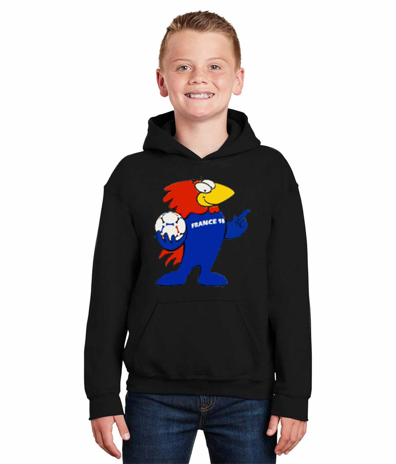 1998 FIFA World Cup France Mascot Footix Soccer Logo Symbol Emblem Customized Design on Youth Hoodie