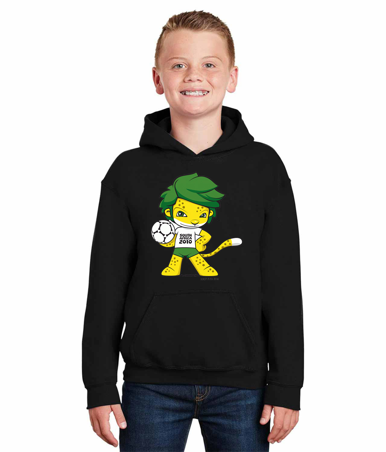 2010 FIFA World Cup South Africa Mascot Zakumi Soccer Logo Symbol Emblem Customized Design on Youth Hoodie