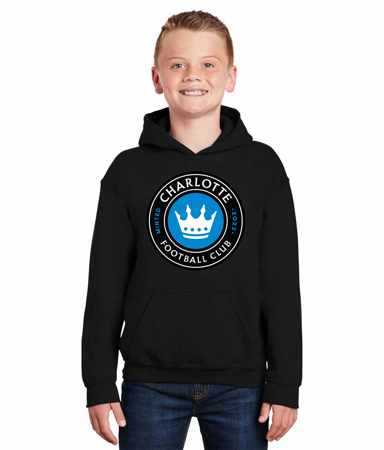 Charlotte FC Soccer Logo Symbol Emblem Customized Design on Youth Hoodie