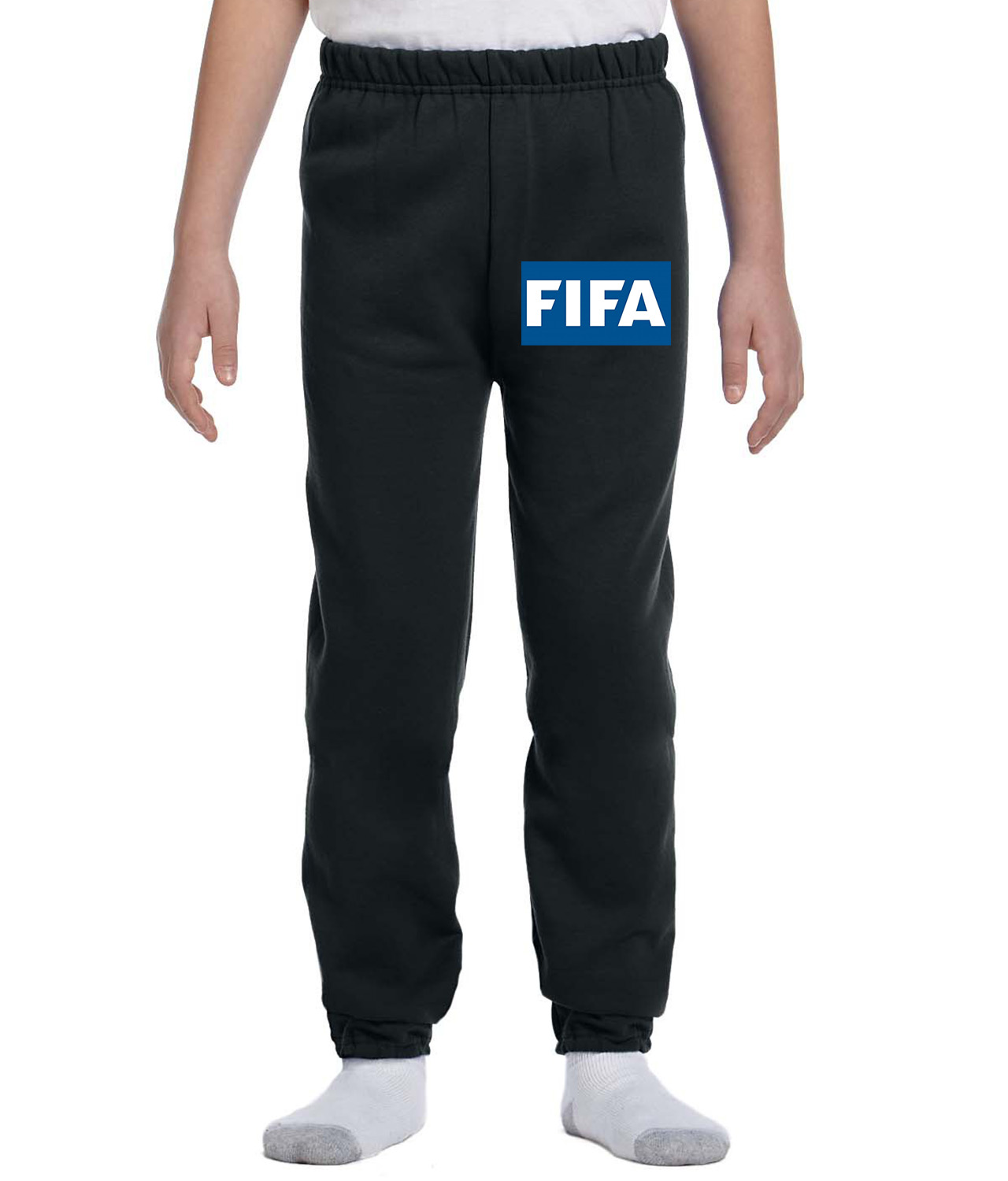 FIFA White Icon Soccer Logo Symbol Emblem Customized Design on Youth Closed-Bottom Sweatpants