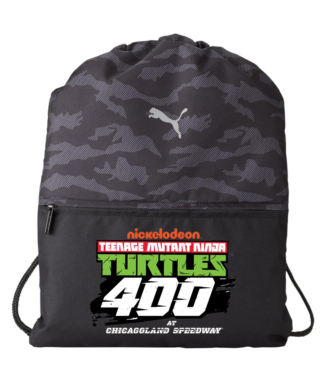 Teenage Mutant Ninja Turtles 400 Chicagoland Speedway Sports Car Auto Racing Nascar Logo Emblem Customized Design on Camo Drawstring Backpack Bag