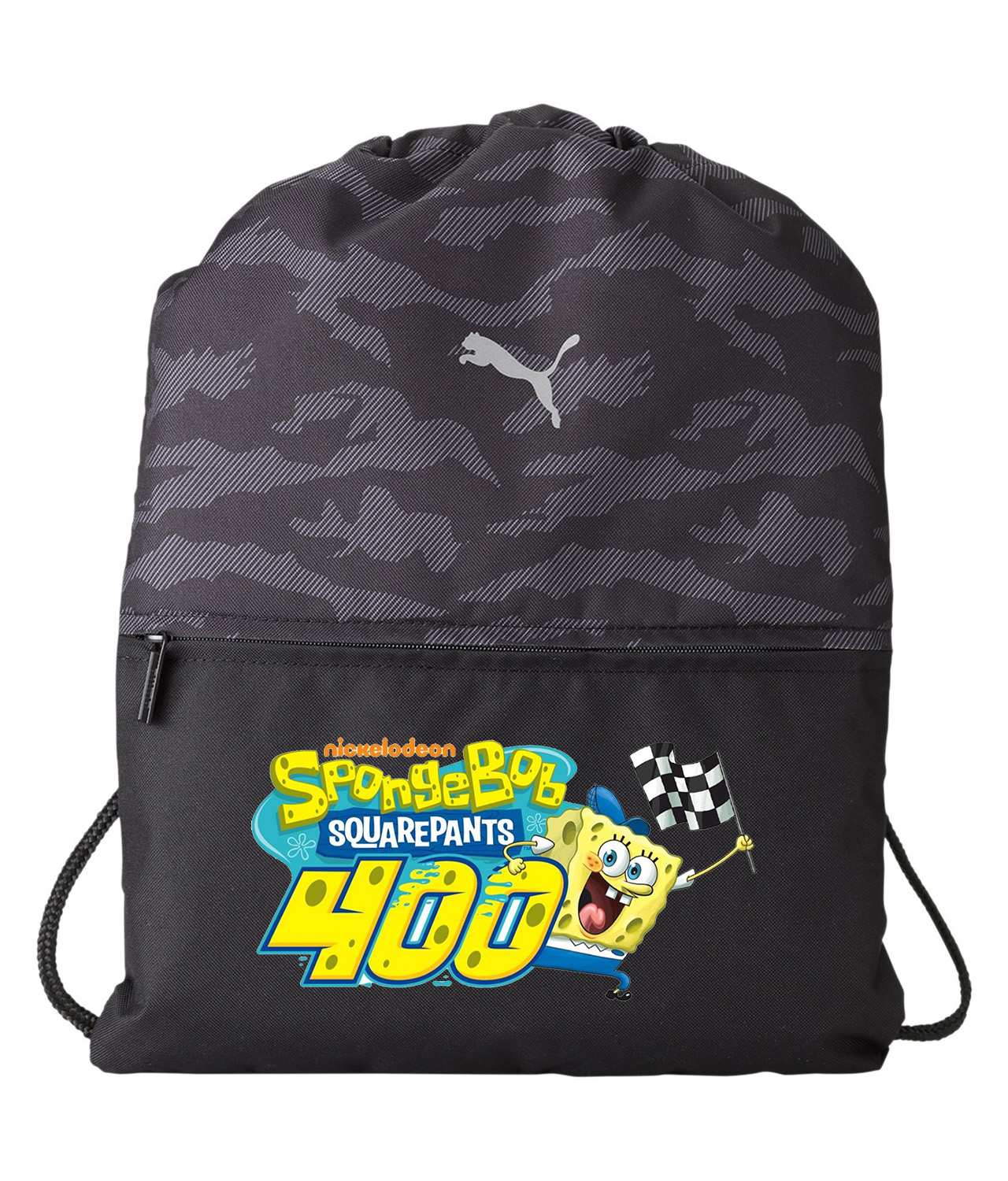 SpongeBob SquarePants 400 2015 Sports Car Auto Racing Nascar Logo Symbol Emblem Customized Design on Camo Drawstring Backpack Bag - Image 1