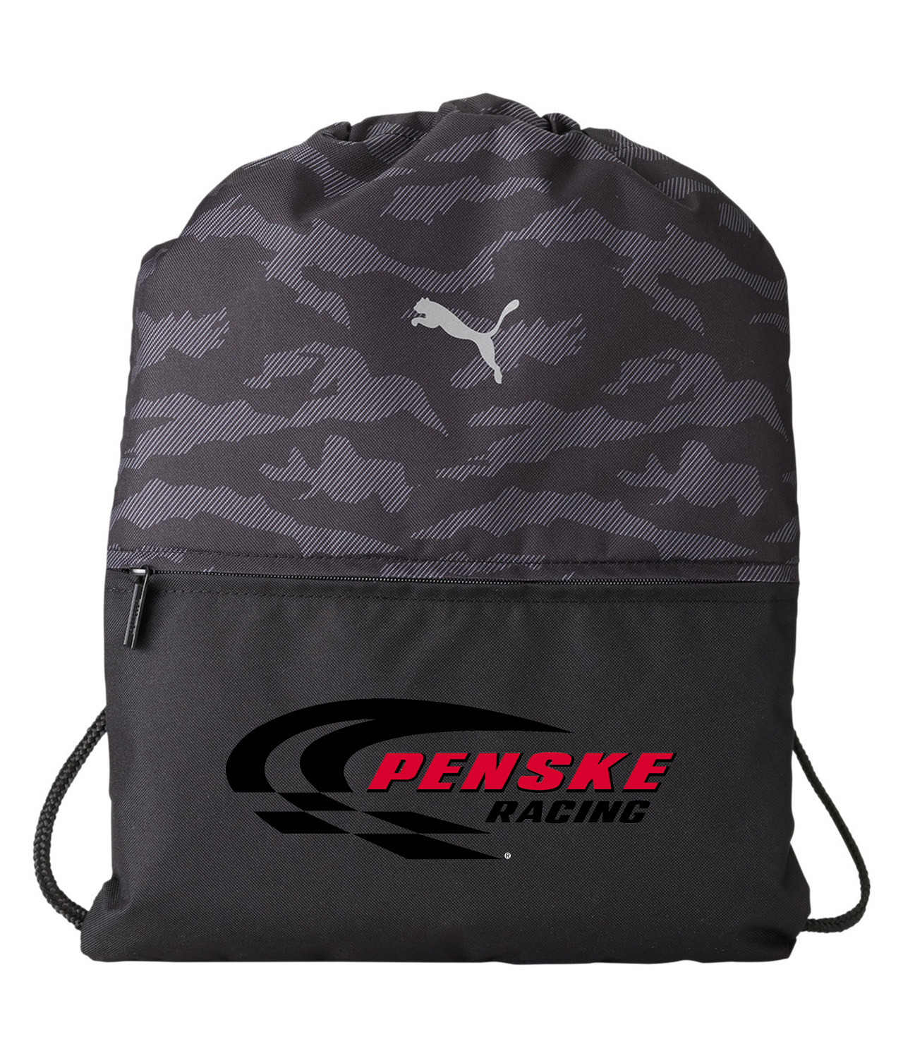 Nascar Team Penske Racing 2000 Sports Car Auto Racing Logo Symbol Emblem Customized Design on Camo Drawstring Backpack Bag