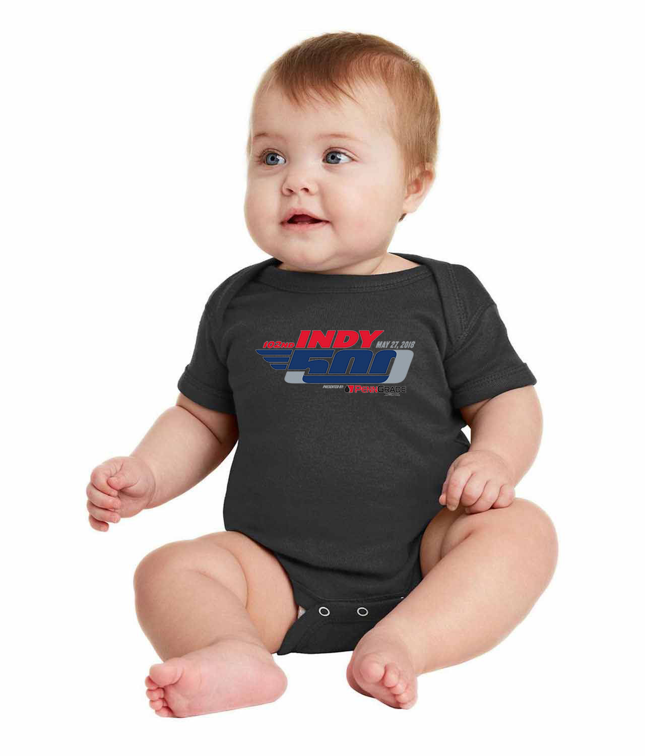 Indianapolis 500 2018 Sports Car Auto Racing Nascar Logo Symbol Emblem Customized Design on Infant Baby Rib Bodysuit