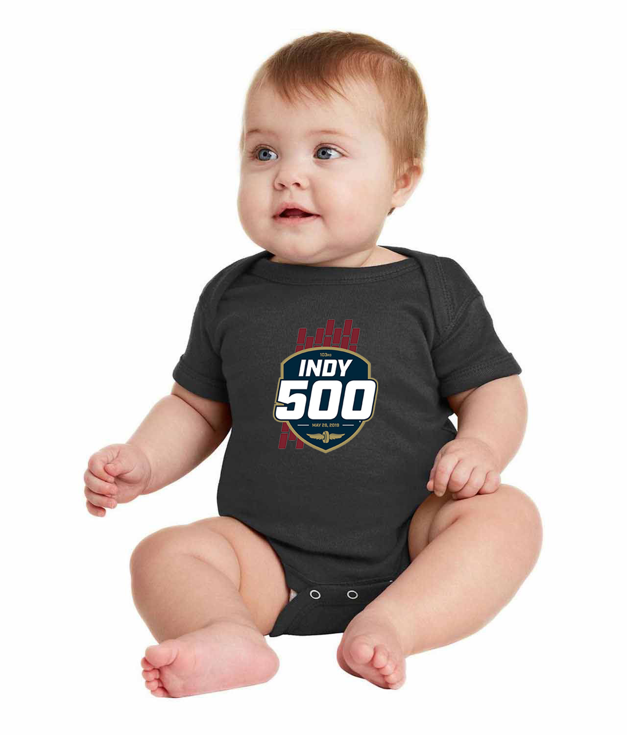 Indianapolis 500 2019 Sports Car Auto Racing Nascar Logo Symbol Emblem Customized Design on Infant Baby Rib Bodysuit