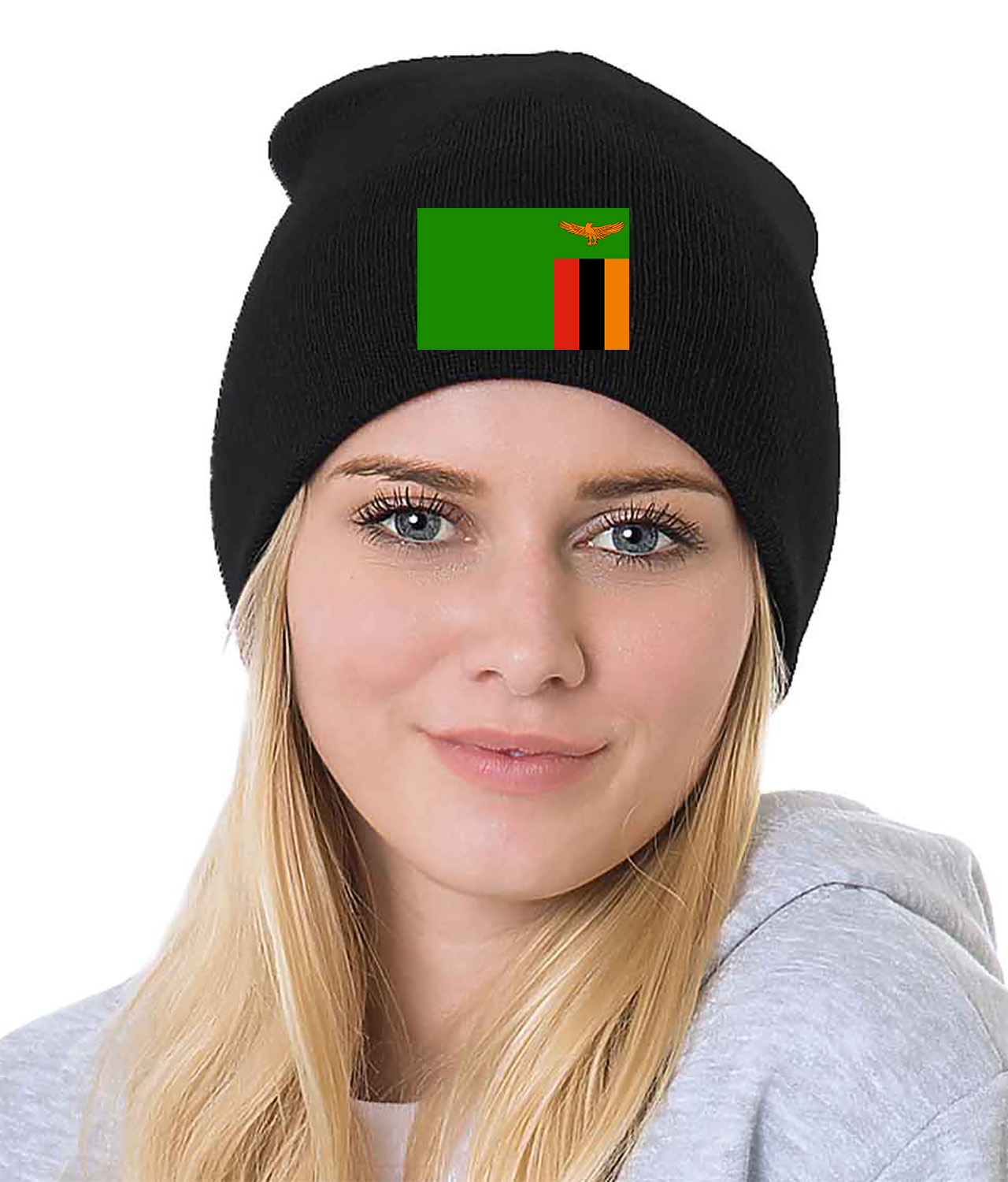 Flag of Zambia Logo Symbol Emblem Customized Design on 8" Beanie Hat