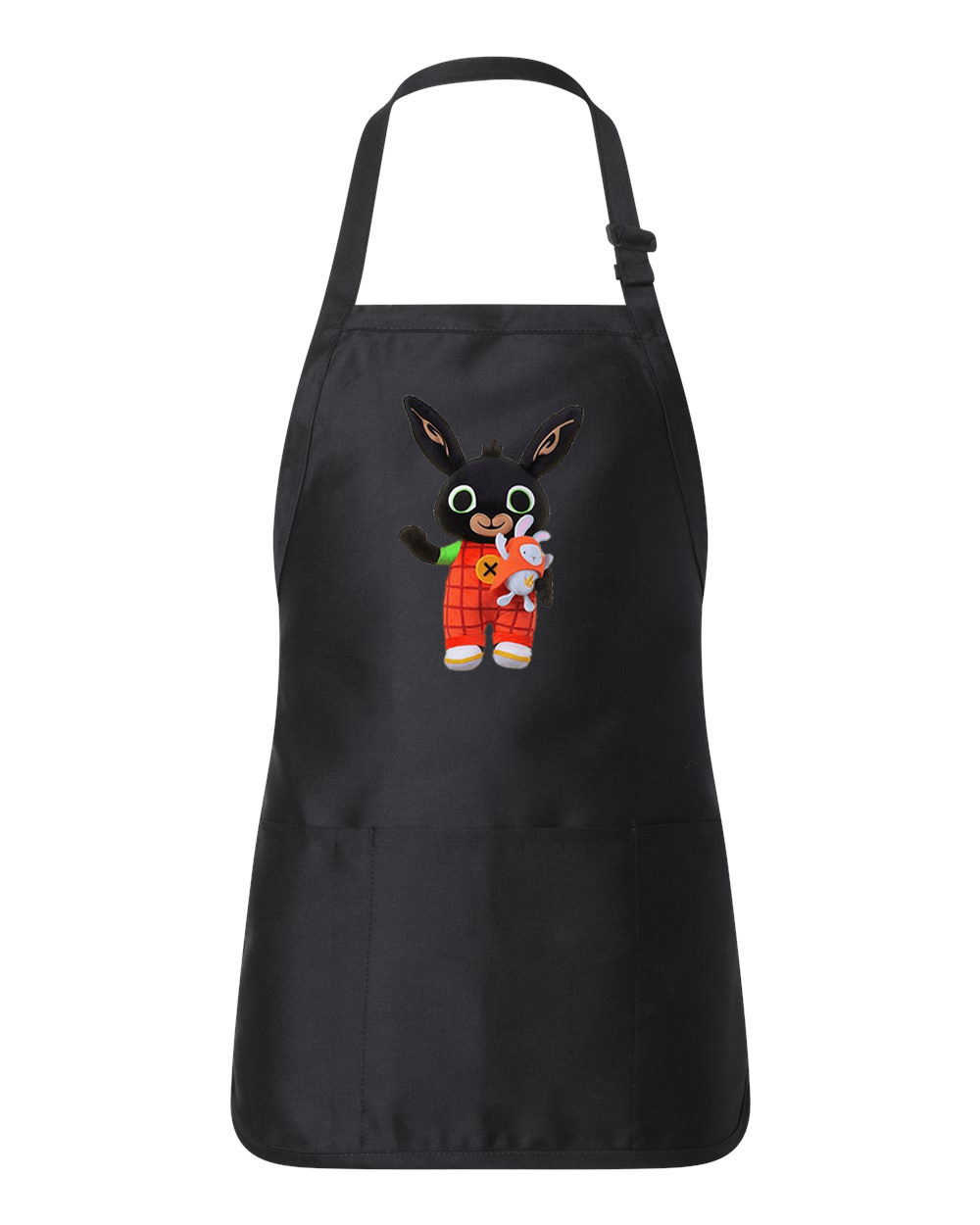 Bing Bunny Holding Hoppity Cartoon Logo Customized Design on Full-Length Apron with Pouch Pocket