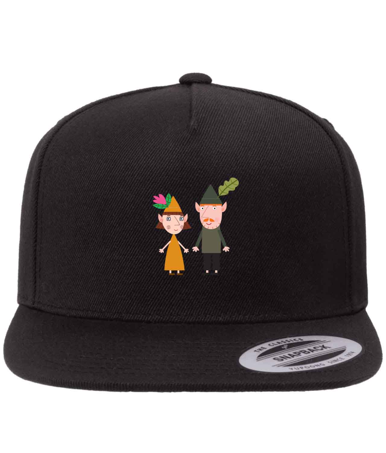 Ben and Holly - Mrs and Mr Elf Cartoon Figure Customized Design on Wool 5-Panel Cap Hat - Image 1
