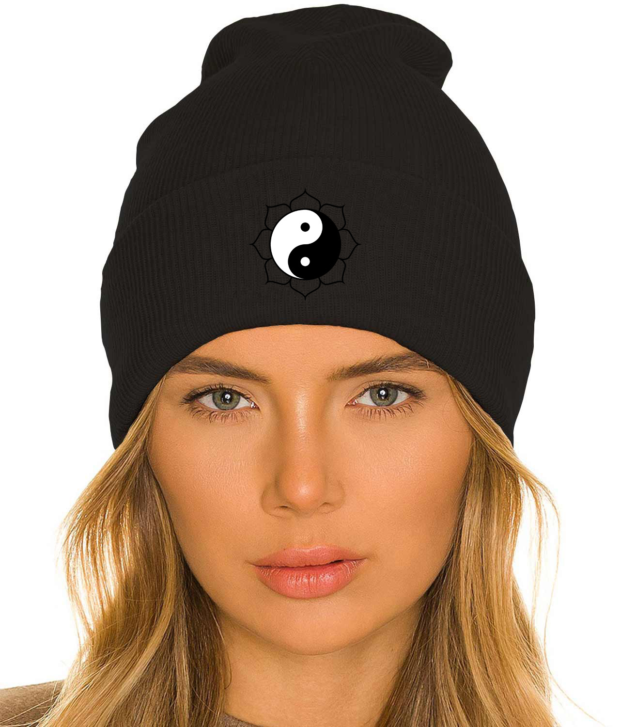 Yin Yang Lotus Symbol Logo Symbol Emblem Customized Design on 12" Cuffed Beanie Hat