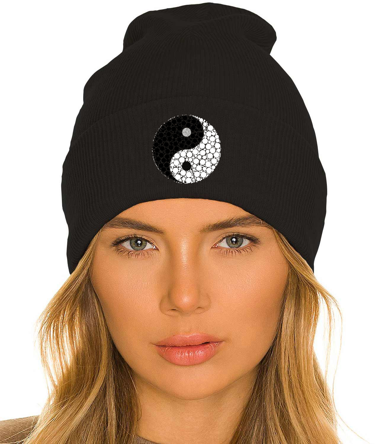 Yin Yang Symbol Made With Circles Logo Symbol Emblem Customized Design on 12" Cuffed Beanie Hat