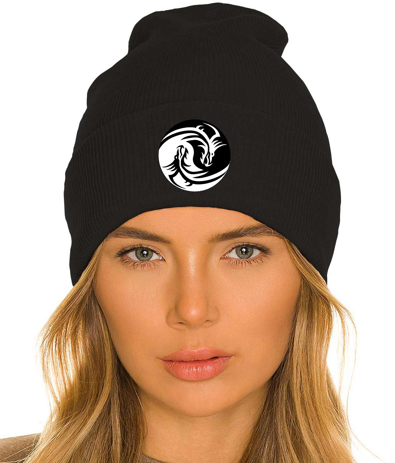 Yin Yang with Dragon Heads Logo Symbol Emblem Customized Design on 12" Cuffed Beanie Hat