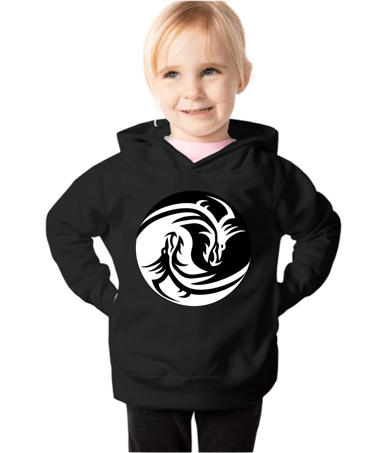 Yin Yang with Dragon Heads Cartoon Logo Symbol Emblem Customized Design on Toddler Pullover Fleece Hoodie