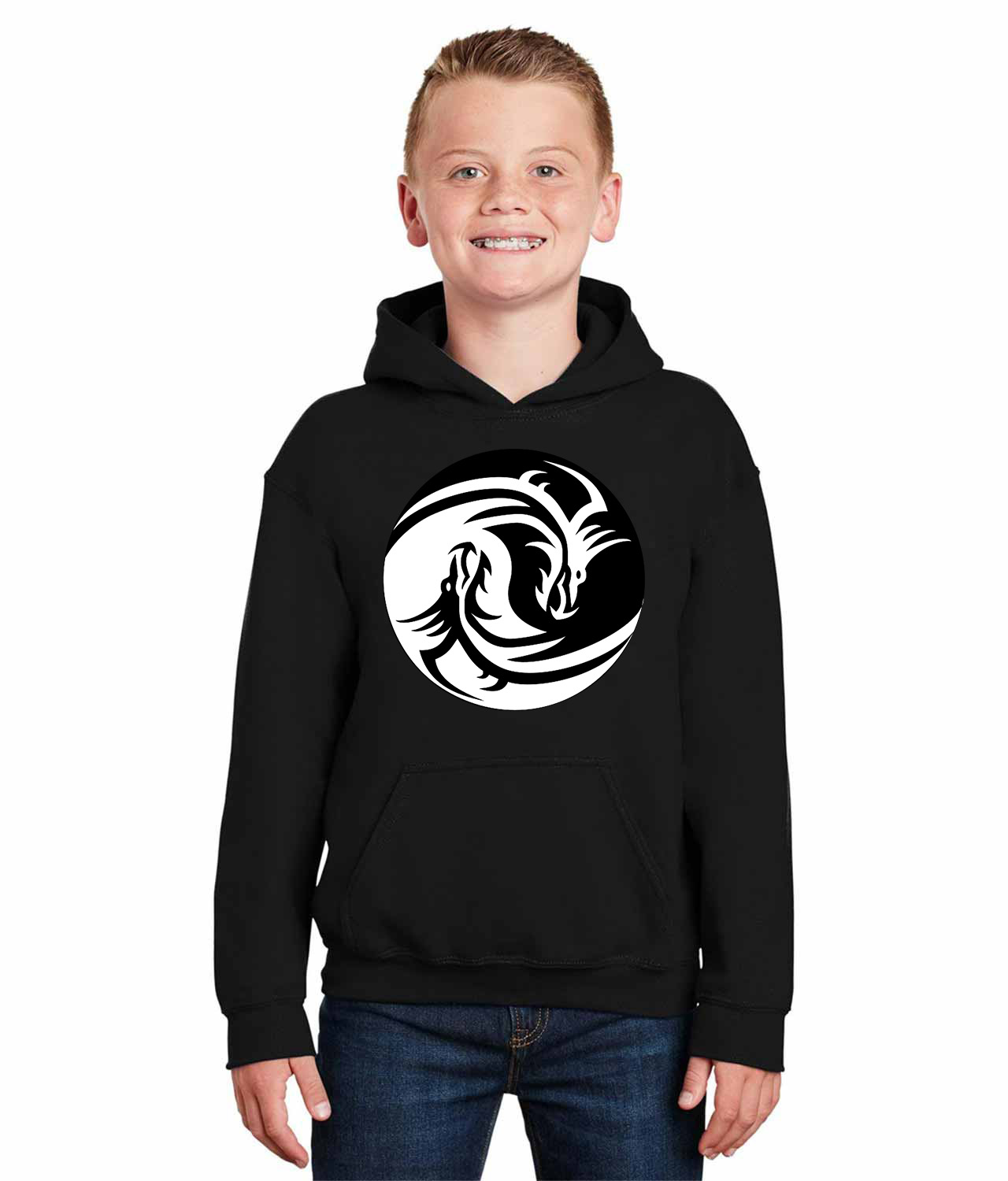 Yin Yang with Dragon Heads Cartoon Logo Symbol Emblem Customized Design on Youth Hoodie