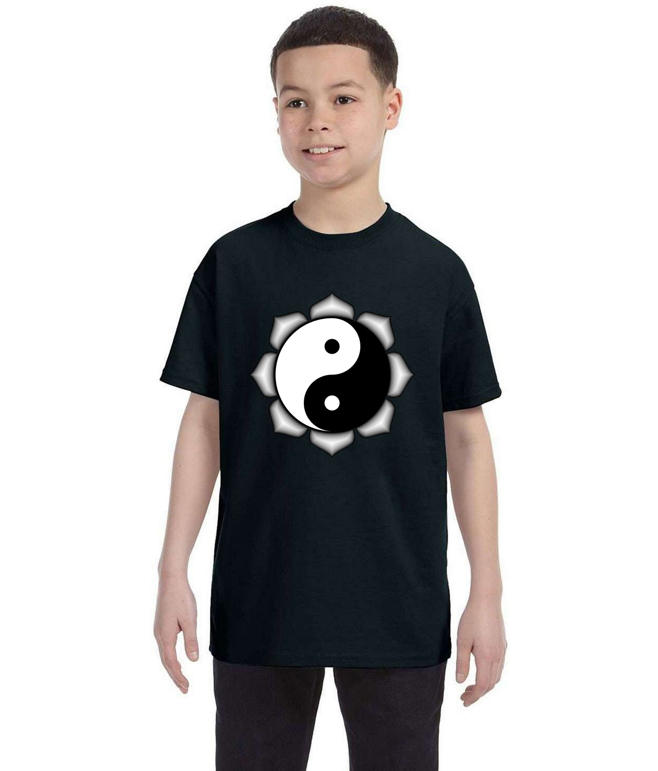 Yin Yang Lotus Flower Cartoon Logo Symbol Emblem Customized Design on Youth T-Shirt Tee