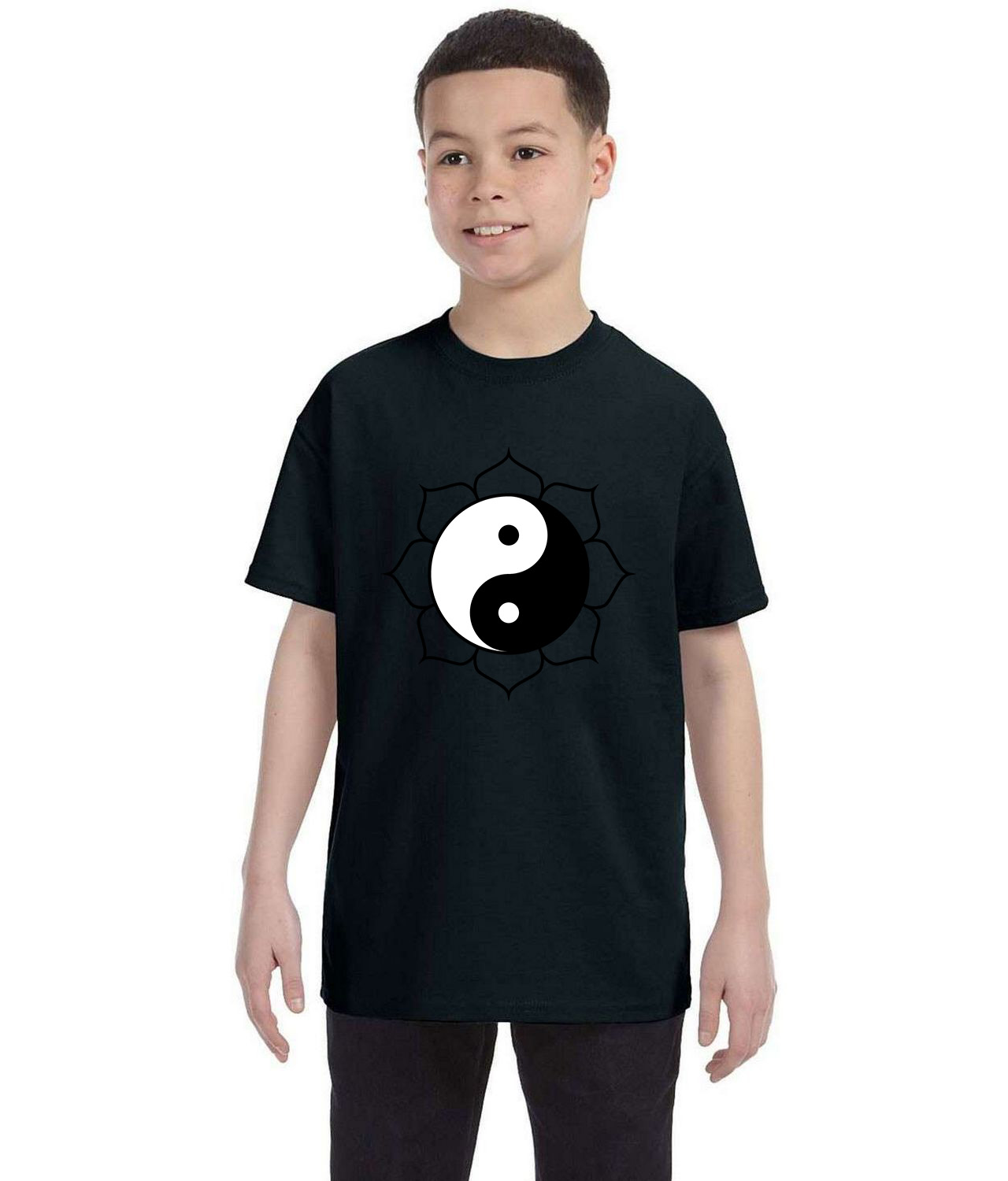 Yin Yang Lotus Symbol Cartoon Logo Symbol Emblem Customized Design on Youth T-Shirt Tee