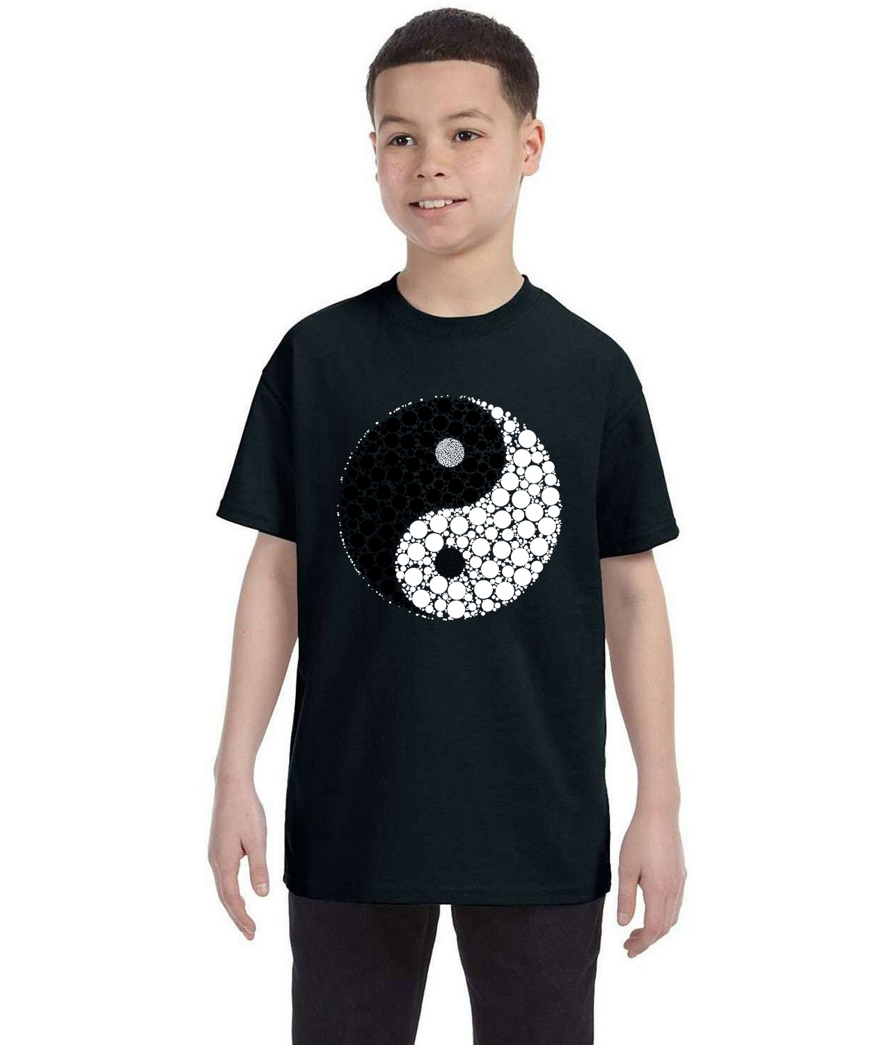 Yin Yang Symbol Made With Circles Cartoon Logo Symbol Emblem Customized Design on Youth T-Shirt Tee