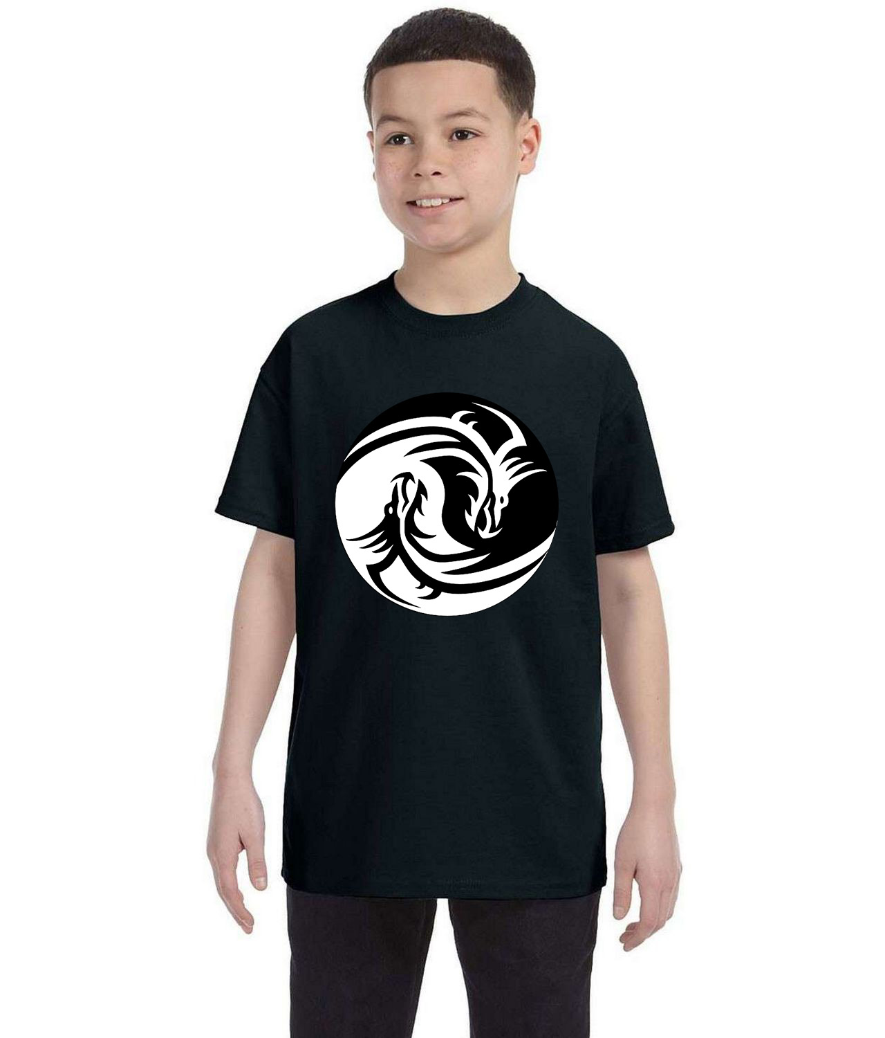 Yin Yang with Dragon Heads Cartoon Logo Symbol Emblem Customized Design on Youth T-Shirt Tee