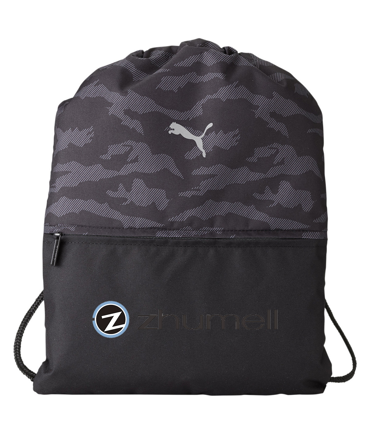 Zhumell - Optics Company Logo Symbol Emblem Customized Design on Camo Drawstring Backpack Bag