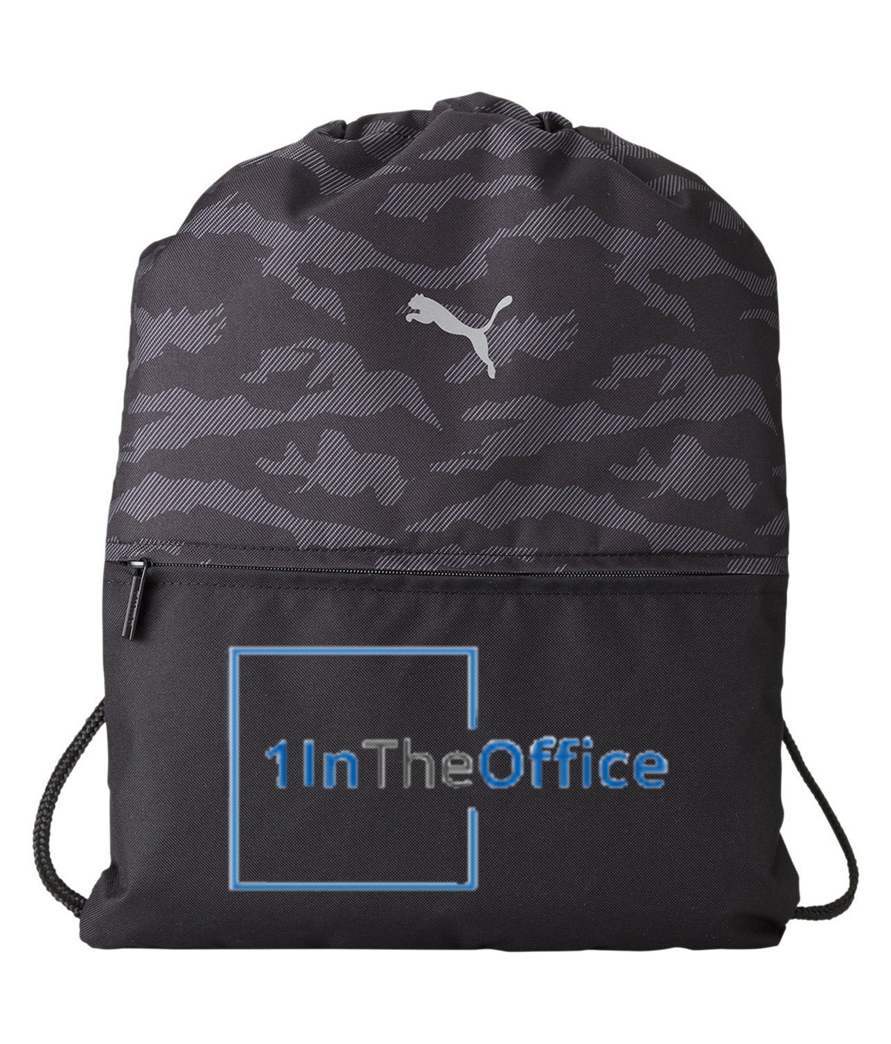 1InTheOffice - Office Supplies Company Logo Symbol Emblem Customized Design on Camo Drawstring Backpack Bag