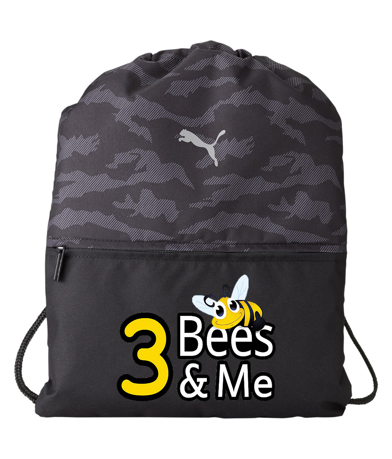 3 Bees & Me - Toys Company Logo Symbol Emblem Customized Design on Camo Drawstring Backpack Bag