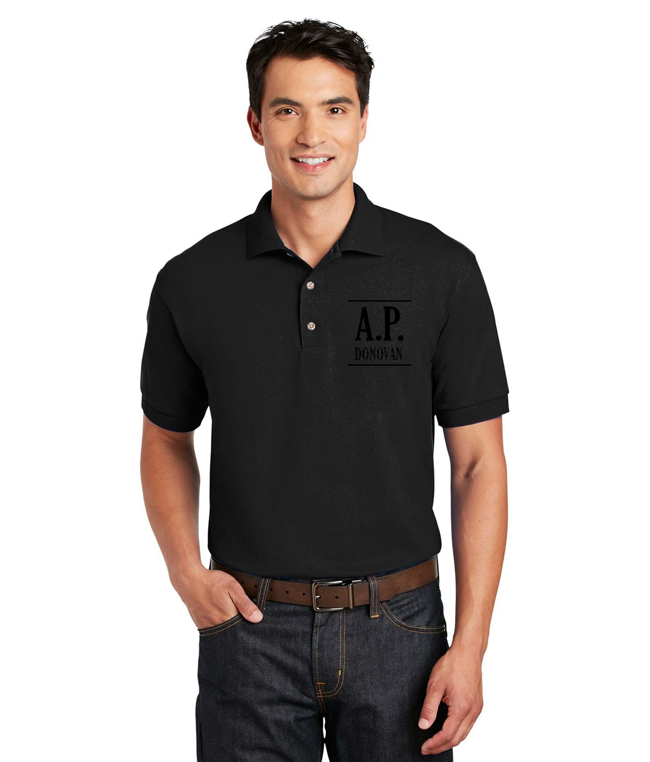 A.P. Donovan - Grooming Company Logo Symbol Emblem Customized Design on Unisex Sport Knit Jersey Polo T-Shirt